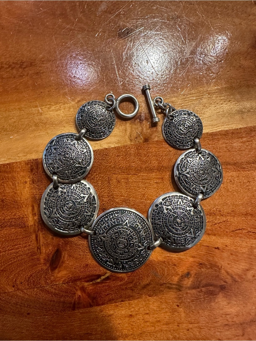 Sterling Silver 925 Aztec Medallion Link Bracelet
